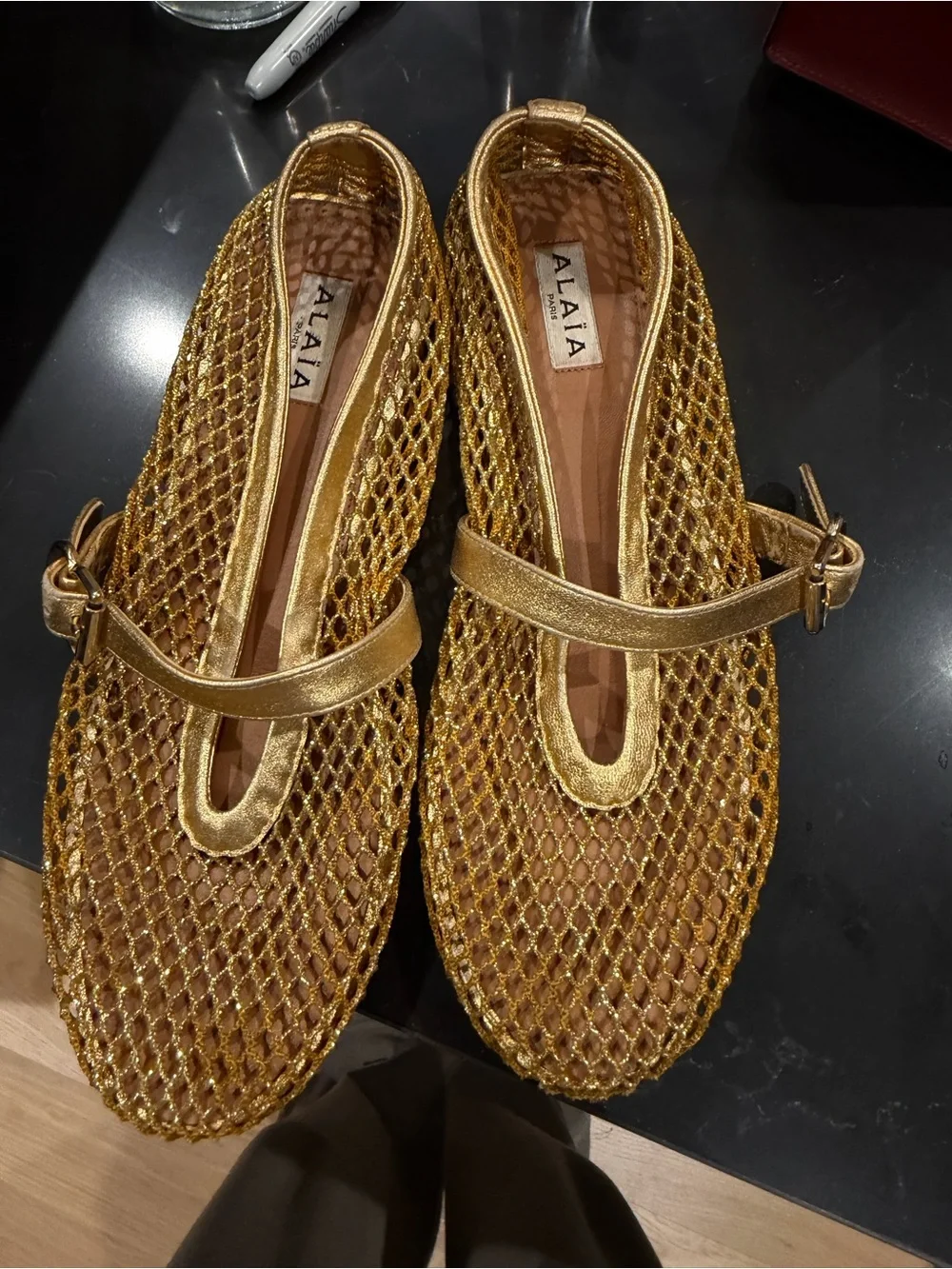 Alaia Metallic Gold Mesh Mary Jane Flats